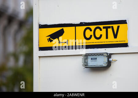 London, UK. 10 November, 2019. A sign indicating the presence of CCTV cameras is displayed in Whitehall during the Remembrance Sunday commemorations.