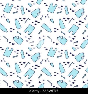 Seamless pattern background. Plastic garbage (bag, bottle, cutlery, plastic conteners, straws, cutlery, disposable dish) in the ocean. Vector illustration in doodle style. Protect ocean concept Stock Vector