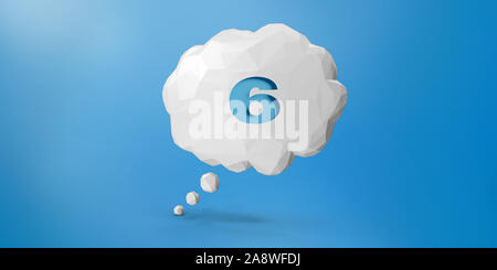 Cut out Number Six text in a low polly cloud shape speech bubble on blue background. High resolution image with copy space. 3D rendering. Stock Photo
