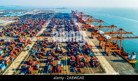 A view of the container terminal at the Qinzhou Port area of the China (Guangxi) Pilot Free Trade Zone in Qinzhou City, south China's Guangxi Zhuang A