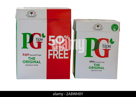 Boxes of PG Tips teabags the original signature taste, one 160 Pyramid bags the other 50% extra free 240 pyramid bags isolated on white background Stock Photo