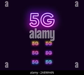 Neon 5G network Icon, Mobile Technology. Set of Gradient Neon Signs, Wireless 5G internet connection with High speed data transfer rate for phones. Is Stock Vector