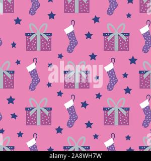 Cute hand drawn Christmas pattern background with presents and stockings.  Stock Vector