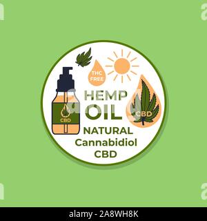 CBD Hemp Oil Natural Cannabidiol. Spray bottle. Vector Illustration with text isolated on white circle shape. Template design Stock Vector