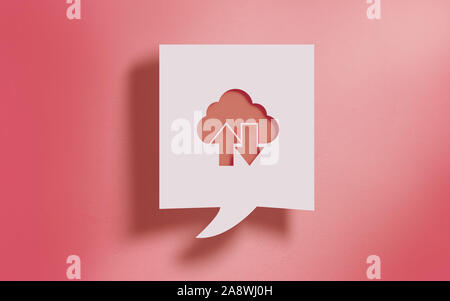Cut out Cloud Computing symbol currency in a square shape speech bubble on living coral color background. Realistic 3D lighting and high quality textu Stock Photo
