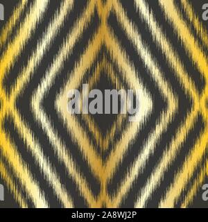Gold diamond ikat seamless pattern swatch on black Stock Vector