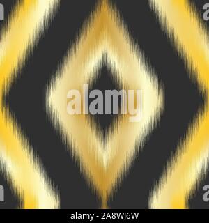 Gold diamond ikat seamless pattern swatch on black Stock Vector