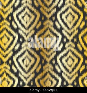 Gold diamond ikat seamless pattern swatch on black Stock Vector
