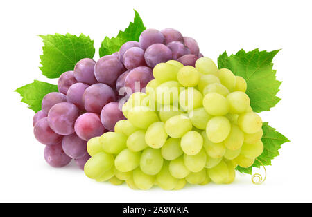 Isolated two grape varieties. Bunch of white and red grapes with leaves isolated on white background with clipping path Stock Photo