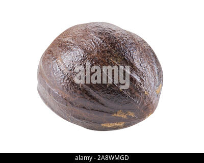 One whole nutmeg isolated on white background with copy space for text or images. Spices and herbs. Food, cooking, restaurant, packaging concept. Fram Stock Photo