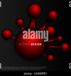 Abstract Vector Background. The red 3D ball is interconnected with a black background. molecular illustration design Stock Vector