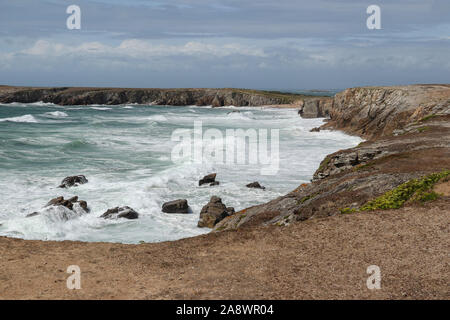 Cote Sauvage - strong waves of Atlantic ocean on Wild Coast of the peninsula of Quiberon, Brittany, France Stock Photo