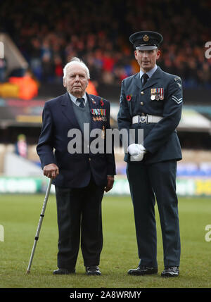 95 year old D-Day veteran, Bernard How and Corporal, Wayne Martin from RAF Honnington ahead of the Remembrance Day fixture.  A season ticket holder at Portman Road for 50 years, he watched his first Town game in 1949, a flight engineer on Stirling bombers and a member of 199 squadron in the RAF, Bernard took part in 35 missions during the Second World War, including D-Day in 1944 - Ipswich Town v Lincoln City, The Emirates FA Cup first round, Portman Road, Ipswich, UK - 9th November 2019  Editorial Use Only - DataCo restrictions apply Stock Photo