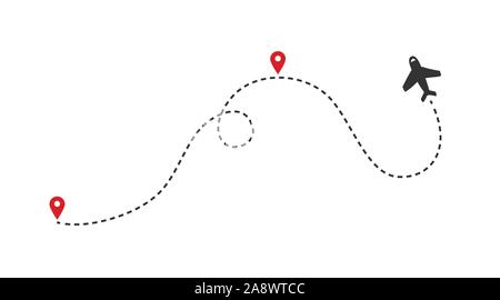 Plane paths vector. Aircraft tracking, planes silhouettes, location pins isolated on white background. Illustration of route flight line Stock Vector