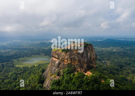 Aerial view of Sigiriya mountain among the dense forest on the island of Sri Lanka. Stock Photo