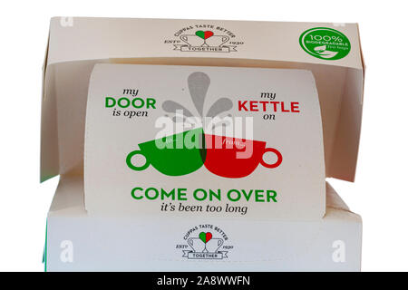 Come on over it's been too long my door is open my kettle on - detail on box of PG Tips teabags Stock Photo