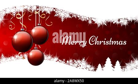 Merry Christmas banner. Three Red Christmas ornament balls on red and white background. Vector illustration, eps10. Stock Vector