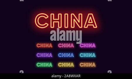 Neon China name, Asian country. Neon text of Peoples Republic of China. Vector set of glowing Headlines with transparent backlight. Red pink purple, v Stock Vector