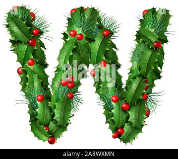 Holiday font letter W as a festive winter season decorated garland as a Christmas  or New Year seasonal alphabet lettering isolated on a white. Stock Photo