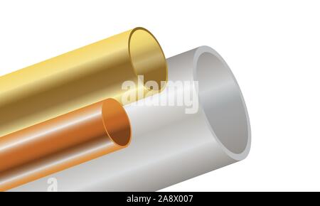 Stainless steel copper and brass pipes on white background for business industry creative design Stock Vector