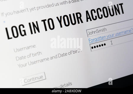 A 'log into your account screen' with a username, date of birth and password field, UK Stock Photo