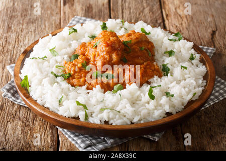 Rustic style Chicken dhansak is a lentil curry with spices served with rice closeup in a plate on a table. horizontal Stock Photo