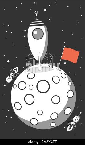 Rocket spaceship landed on moon. Success concept. Stock Vector