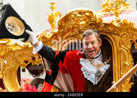 New Lord Mayor of London Alderman William Russell at the Lord Mayor's Show Parade in City of London, UK. Gold carriage Stock Photo