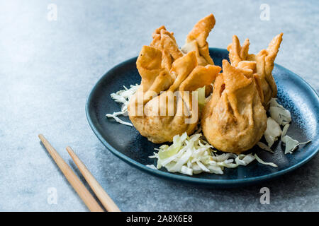 Nepalese Traditional Deep Fried Dumpling Momos served with Tomato Chutney, Schezwan sauce and Cabbage salad. Organic Food. Stock Photo