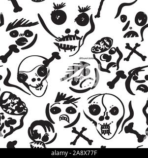 Seamless pattern of spooky faces of dead and bones, on white Stock Vector