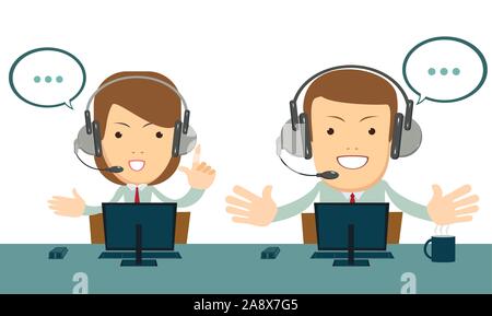 Smiling male and female operator with headset working at call center. Stock Vector