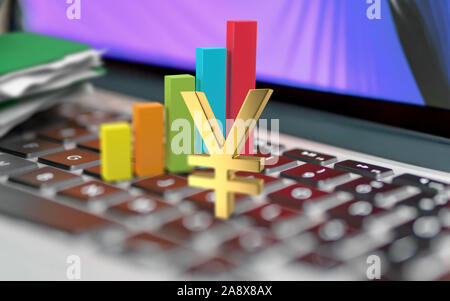 Yen or Yuan Symbol on a laptop computer keyboard focus on it with a financial business chart. High resolution image for all your crop needs. 3D render Stock Photo