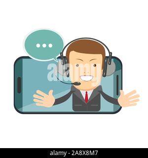 Smiling male operator with headset speaking from screen of a smart phone. Stock Vector