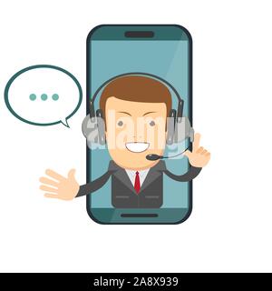 Smiling male operator with headset speaking from screen of a smart phone. Stock Vector