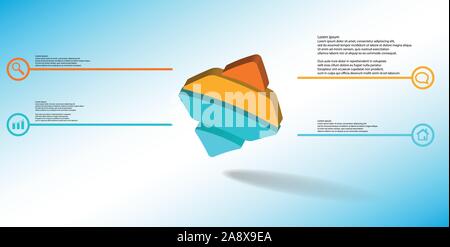 3D illustration infographic template. The embossed bent rhomb is horizontally divided to four color parts. Object is askew arranged on blue white back Stock Vector
