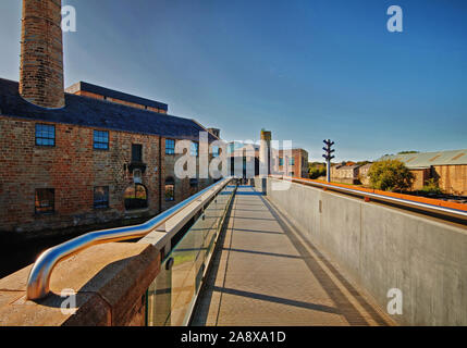 A wide-angle view of the new footbridge at Weavers Triangle, Burnley. Stock Photo