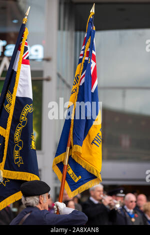 British Legion flag bearers in Southend on Sea High Street for Remembrance Day, 11 November 2019 Stock Photo