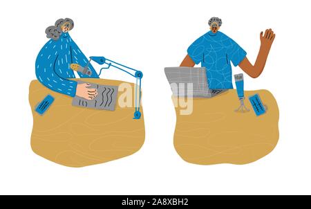 Two podcasters. Interview concept. Young man interviewing a guest in a studio for a podcast. Vector flat illustration. Stock Vector