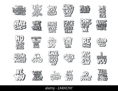 Set of quotes isolated. Motivational hand drawn lettering collection. Inspirational poster stylized phrases. Vector black and white design text collec Stock Vector