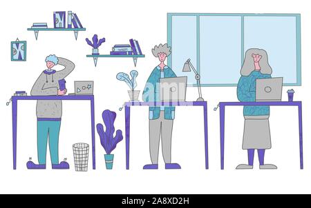 People standing at the desk and working. Office cute characters. Small business concept. Employees coworking isolated. Vector flat cartoon color illus Stock Vector