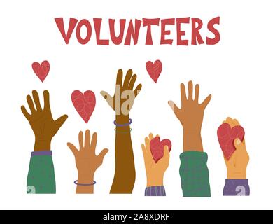 Volunteers symbols. Different raised hands. Vector illustration. Stock Vector