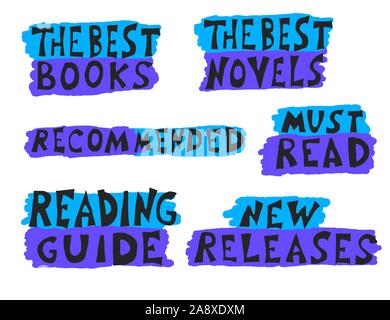 Set of hand drawn quotes  about reading. books. The best books. Must read. The best novels. New releases. Recommended. Text for bookstores, libraries, Stock Vector