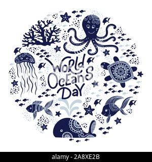 World oceans day. Sea animals. Cute jellyfish, whale, octopus, starfish, turtles and hand drawn lettering. Vector illustration in doodle style. Protect ocean concept Stock Vector