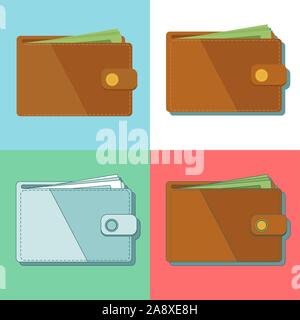Wallet with money vector illustration. Wallet isolated on colored background. Stock Vector