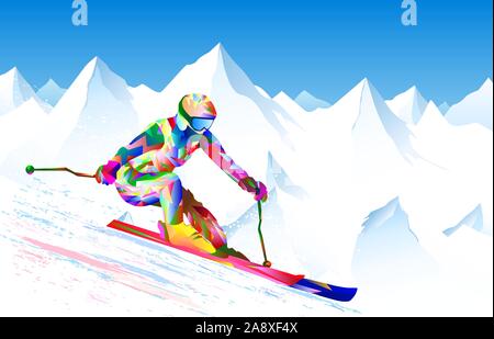 Athlete skier on a background of sky and snowy peaks. The athlete is active in skiing, performs downhill and slalom. Bright colored figure-silhouette Stock Vector
