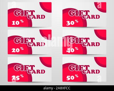 Gift card set. Percentage discount 10, 20, 25, 30, 40, 50 percent. Vector illustration Stock Vector