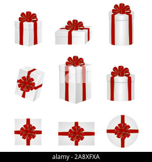 set white gift bowes with red bow and ribbon Stock Photo