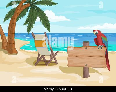 Tropical beach with some palm trees, a beach chair and a colorful parrot perched on a wooden signpost. Vector illustration. Stock Vector