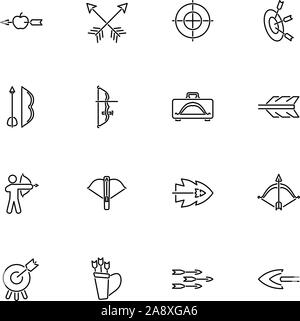 Bows and Arrows, Archery outline icons set - Black symbol on white background. Bows and Arrows, Archery Simple Illustration Symbol - lined simplicity Stock Vector