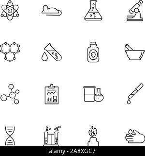 Chemical Science, Chemistry outline icons set - Black symbol on white background. Chemical Science Simple Illustration Symbol - lined simplicity Sign. Stock Vector